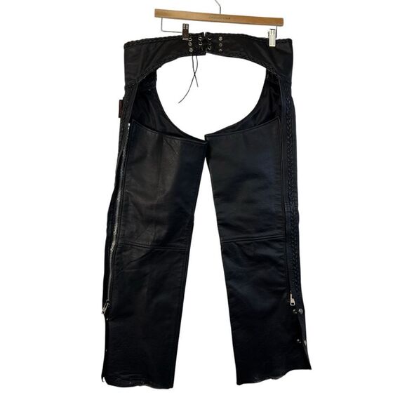 Unisex Interstate Leather Black Motorcycle Biker Riding Chaps Adjustable S - Picture 2 of 16